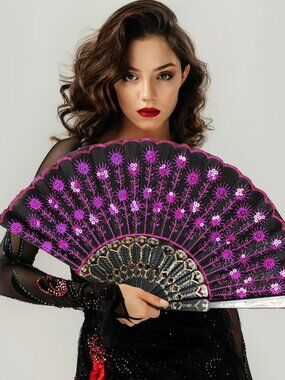 Embroidered Fabric Flower Peacock Pattern  Sequin Fabric Folding Handheld